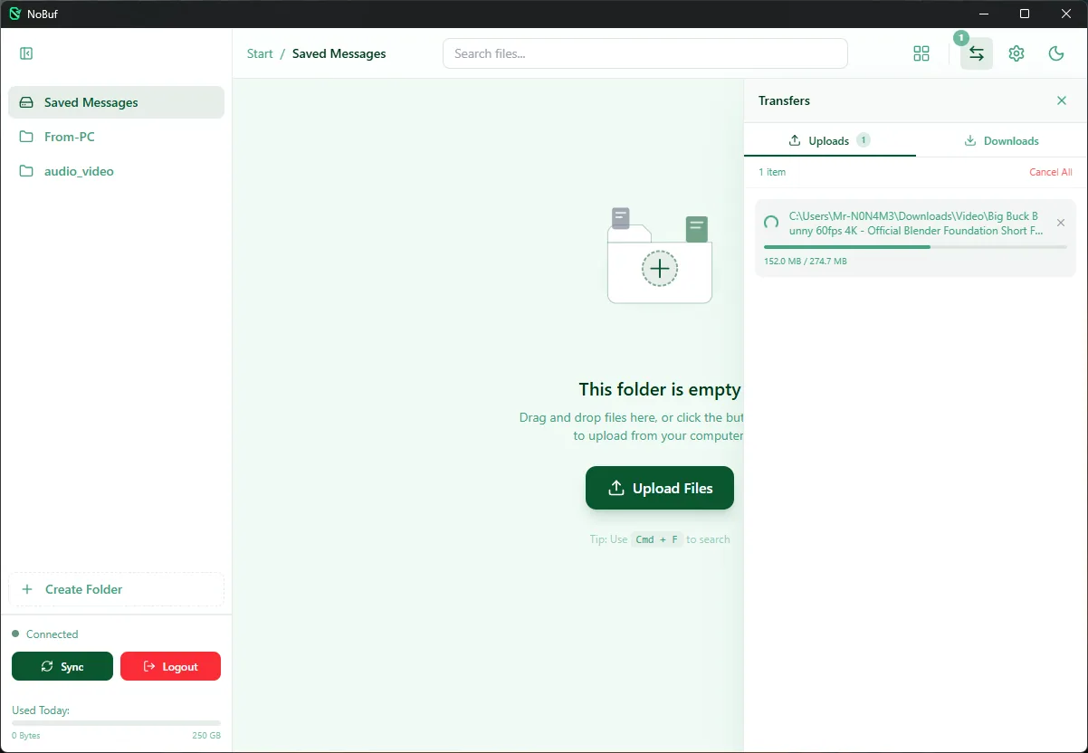 Light theme transfers panel listing concurrent uploads and downloads with progress