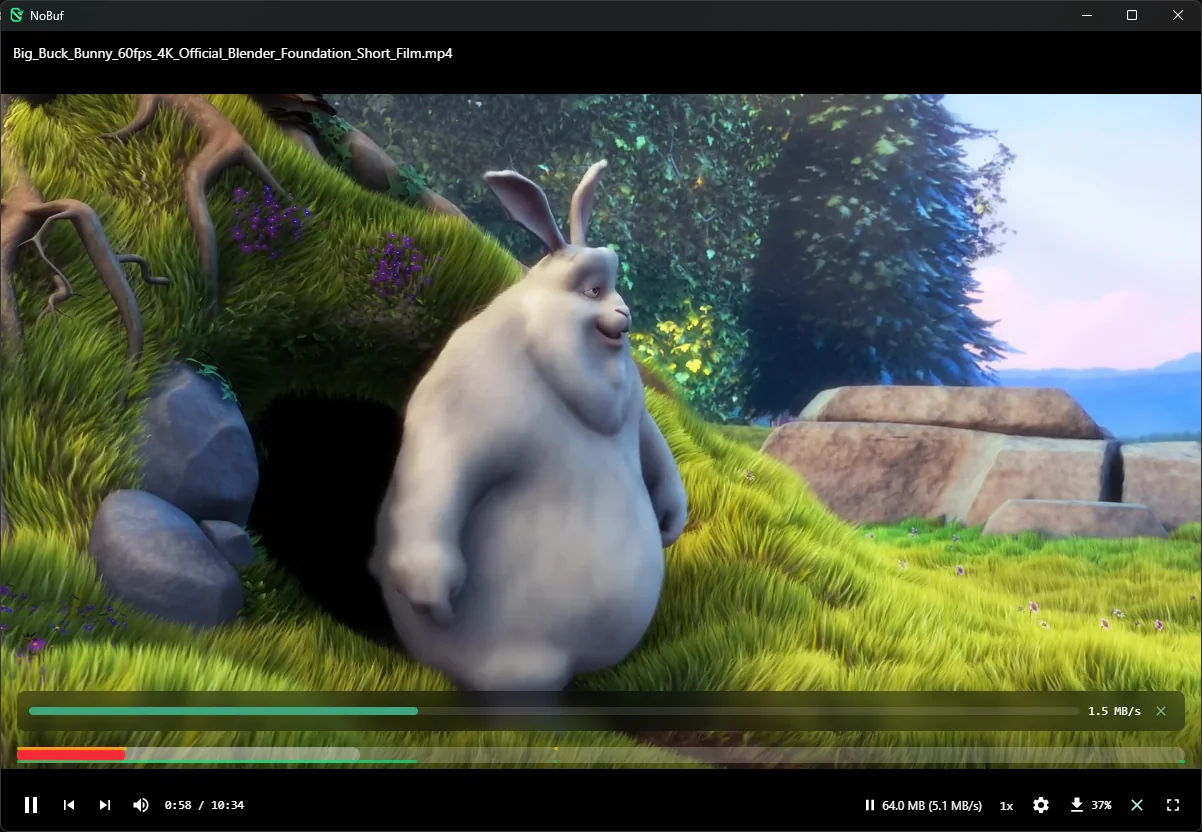 In-player download pill showing live megabytes-per-second speed while watching