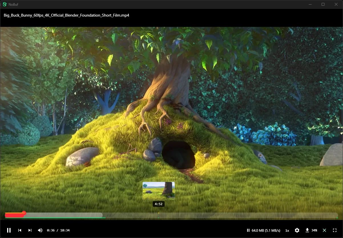 NoBuf player streaming a 4K video from a Telegram channel, with a hover-scrub thumbnail over the seek bar and a live cache meter