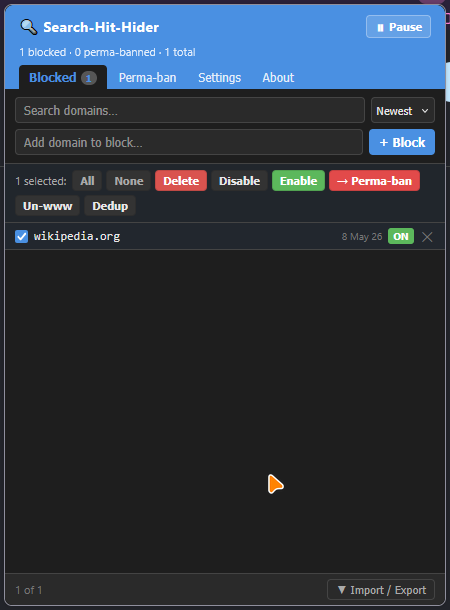 Block list management popup showing blocked domains