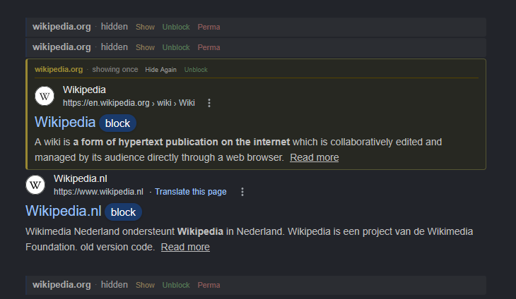 Search results with hidden placeholders and actions